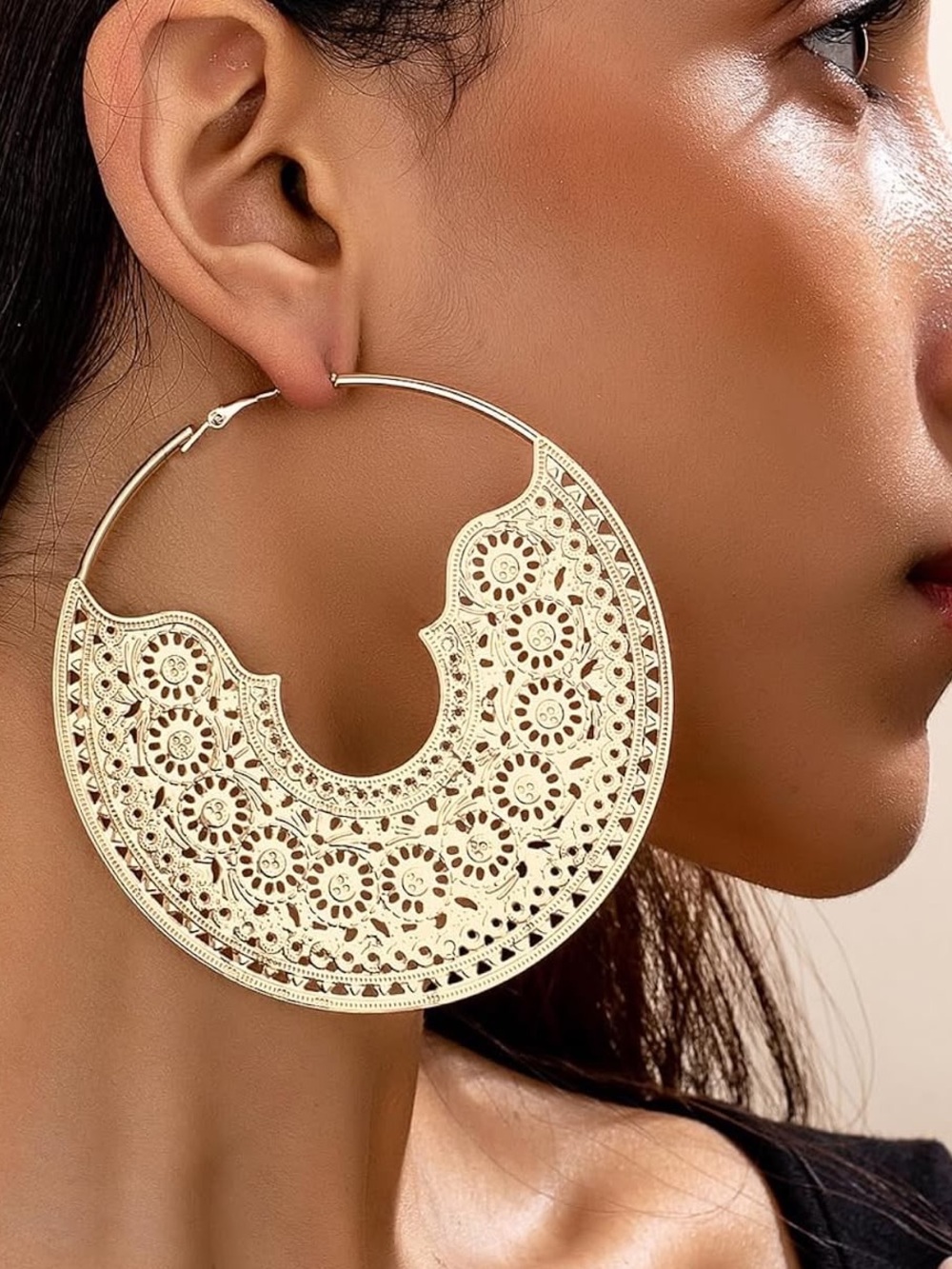 Anthropologie Large Filigree Crescent Hoop Earrings - Gold Color